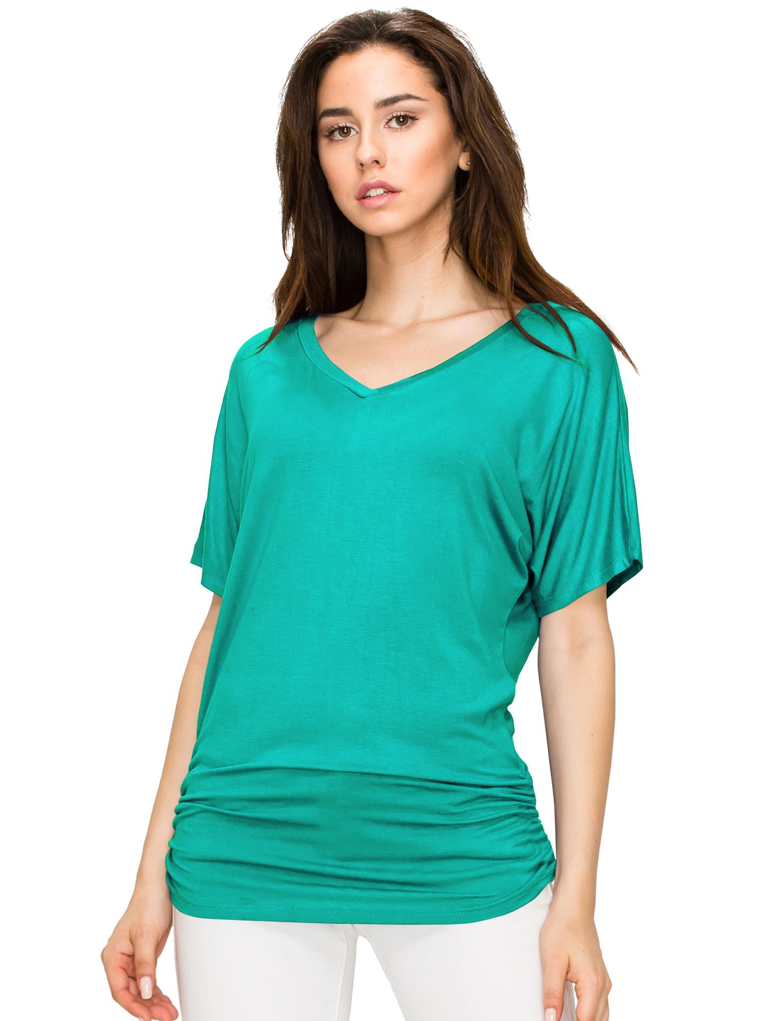 Womens Solid Short Sleeve V-Neck Dolman Top with Side Shirring