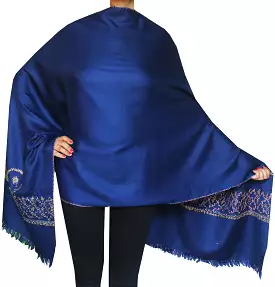 Women's Wool Gift Indian Shawl Hand Embroidered (76 x 28 inches, Blue)