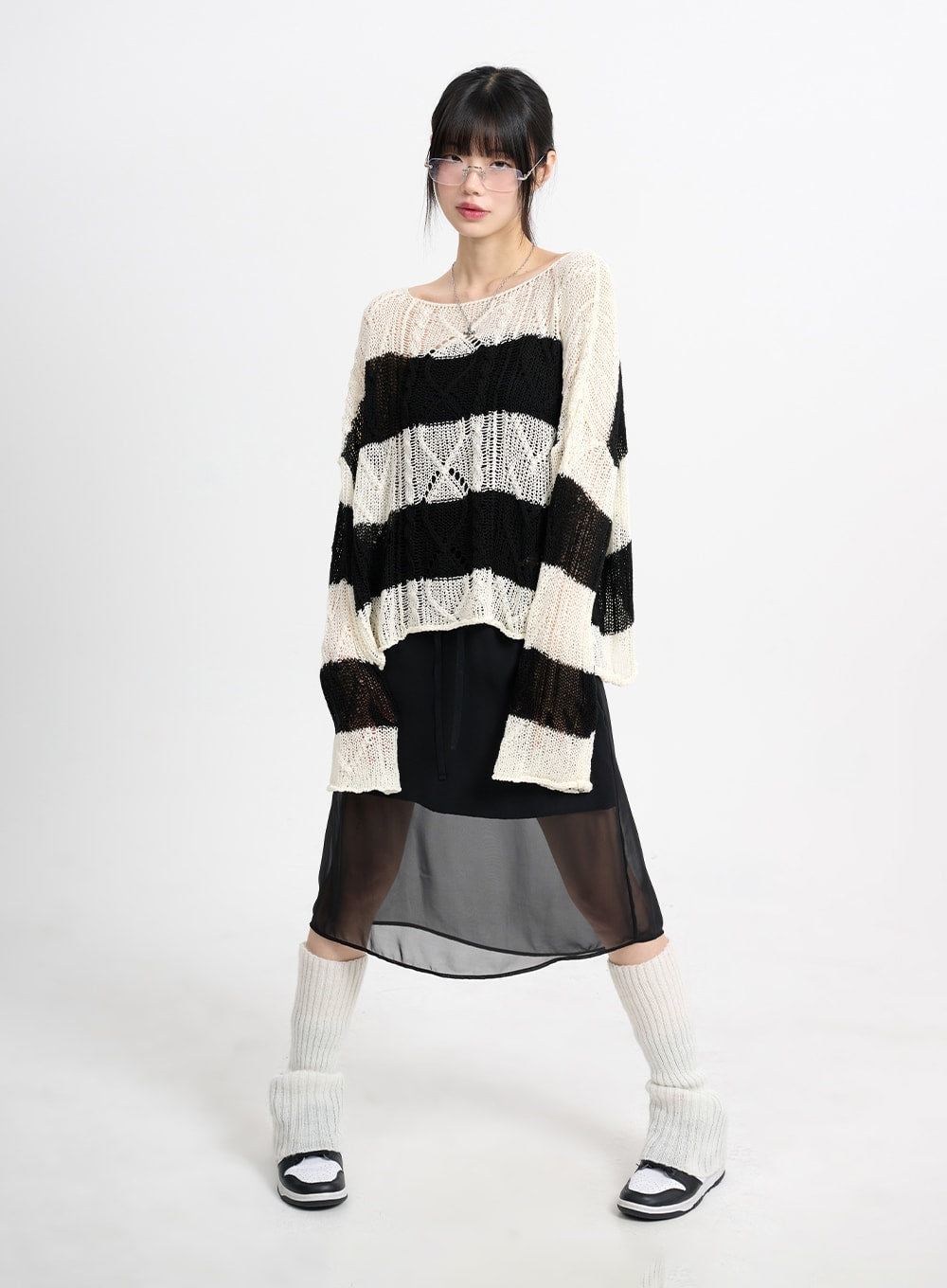 Wool Blend Hollow Out Striped Knit Sweater CM415