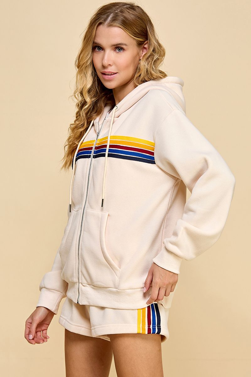 Zipper Front Sweater Hoodie Featuring Multi-Color Striped Detailed Front